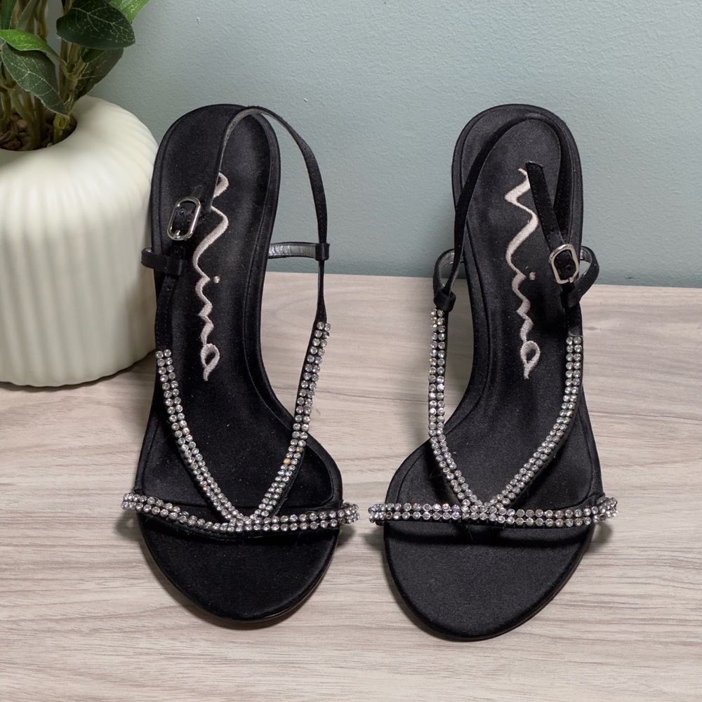 Nina Black Satin Rhinestone Heels